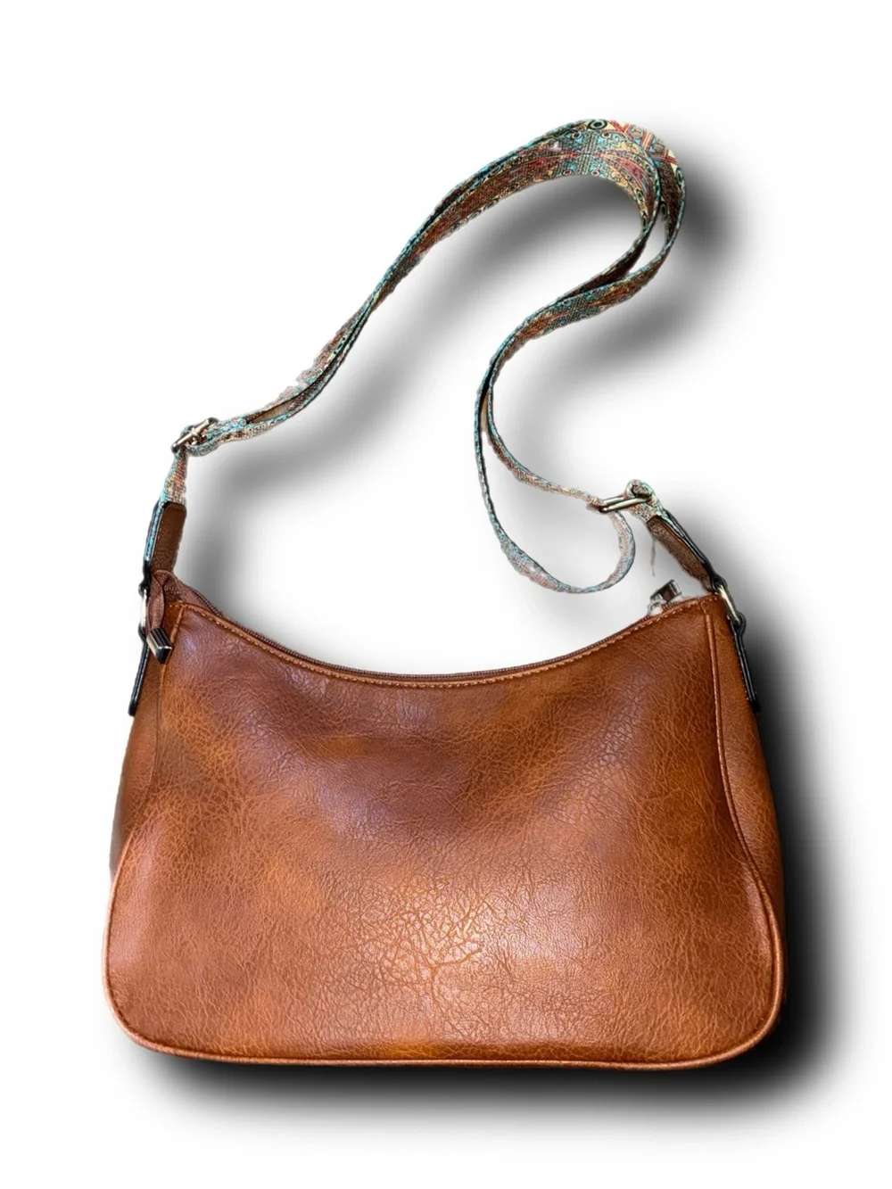 Brown Faux Leather Shoulder Bag with Boho Patterned Guitar Style Strap Fall